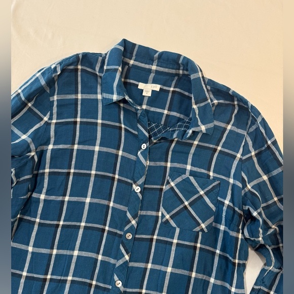 J Jill 100% Cotton Tunic Button Down Blue Plaid Flannel Feel Pockets - Picture 9 of 12